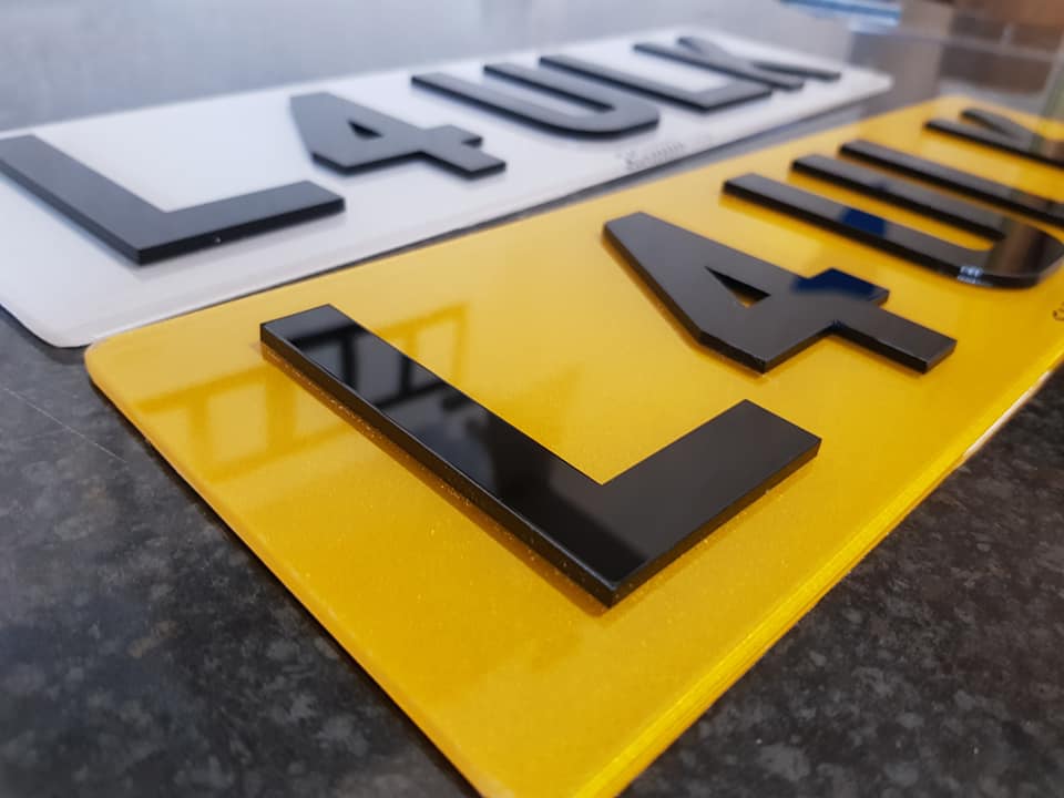 UK Road Legal 4D Gel Number Plates - Gloss Black Acrylic, 3mm Raised Letters - Front & Rear Set